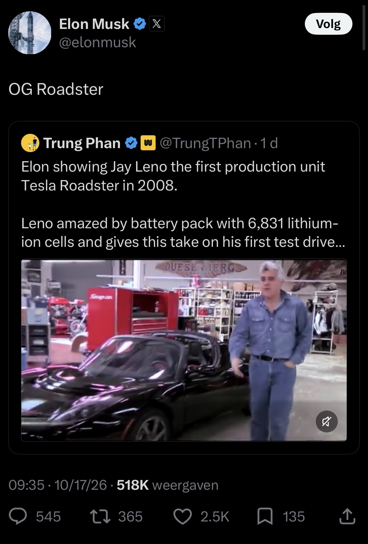 Screenshot of an X post referencing Elon showing Jay Leno the first production Tesla Roadster in 2008